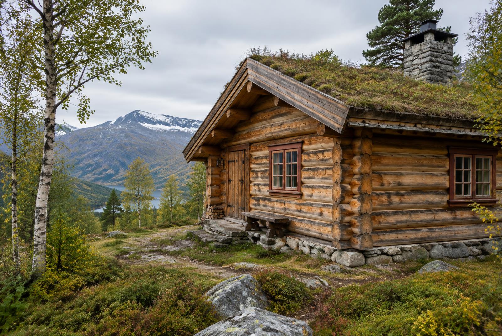 Tradisjonell laftehytte i fjellandskap